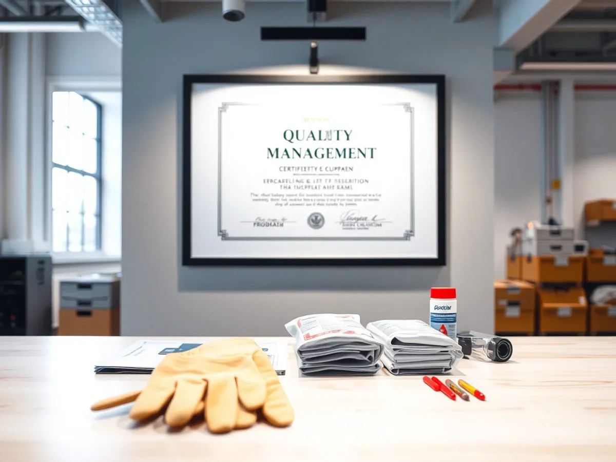ISO 9001质量管理体系认证证书展示,背景为工业耗材和劳保用品